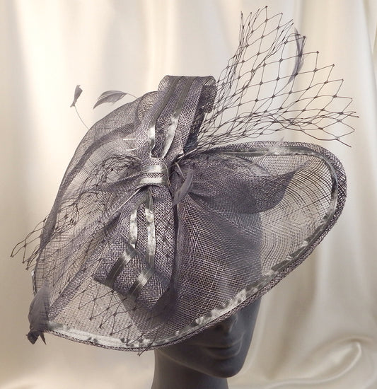 Silver/Grey large fascinator with bow and netting