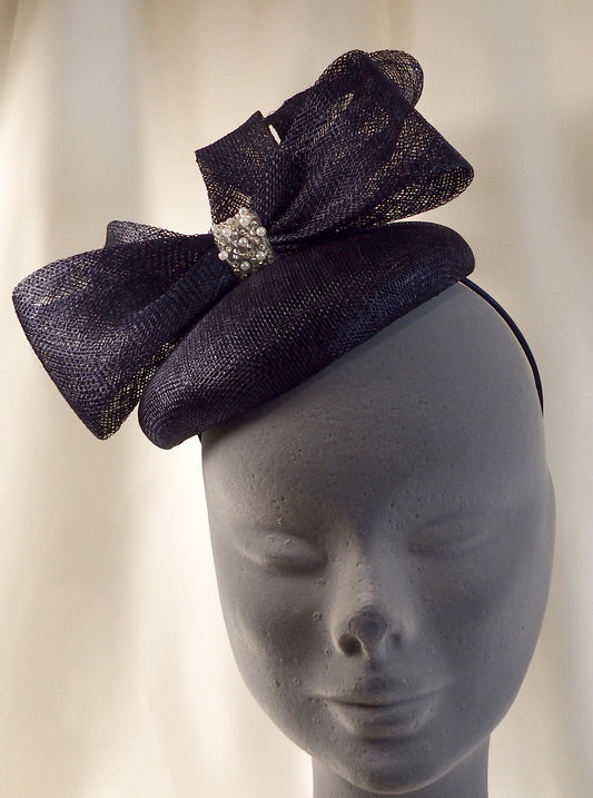 Navy Fascinator with Bow and Centre Pearl