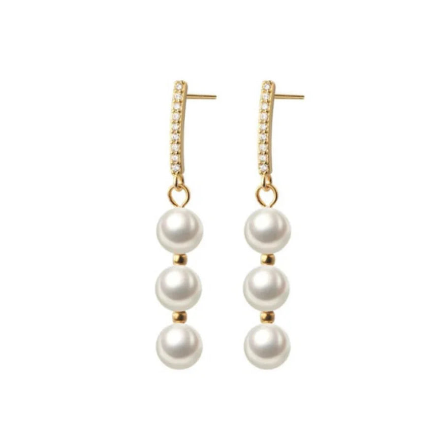 Azure Triple Pearl Gold Drop Earrings