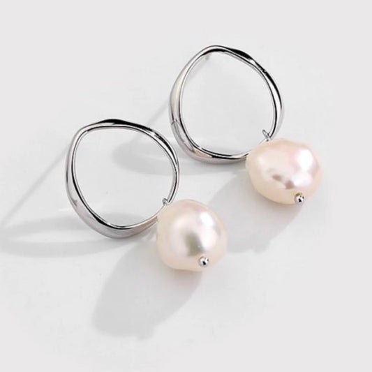 Azure Geometric minimalist pearl drop round hoop earrings - Silver