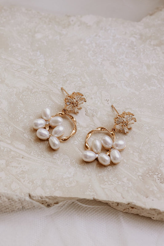 Jade Oi Roseline Gold Starburst Pearl Clusters Bridal Earrings