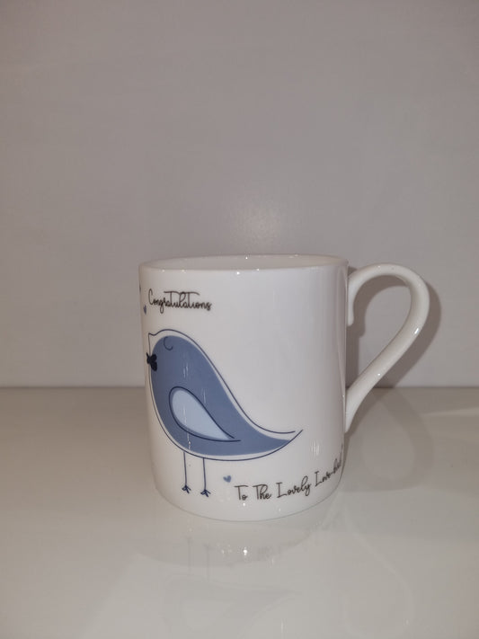 Congratulations to the love birds fine china mug in Blue