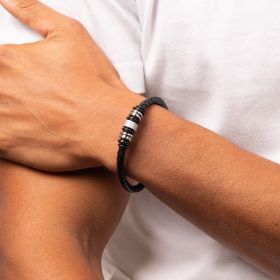 Fred Bennett Black Leather bracelet with IP Beads and Stainless steal Detail