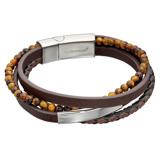 Fred Bennett Multi Row Brown Leather and Tigers Eye Bracelet with ID Bar