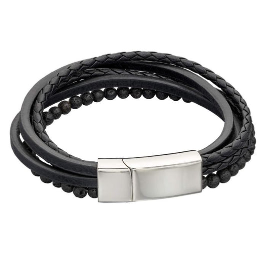 Fred Bennett Multi Row Black Leather Bracelet with Lava Beads