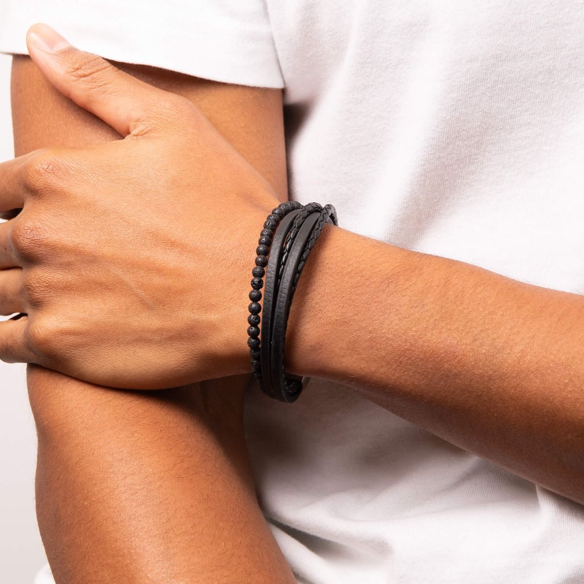 Fred Bennett Multi Row Black Leather Bracelet with Lava Beads