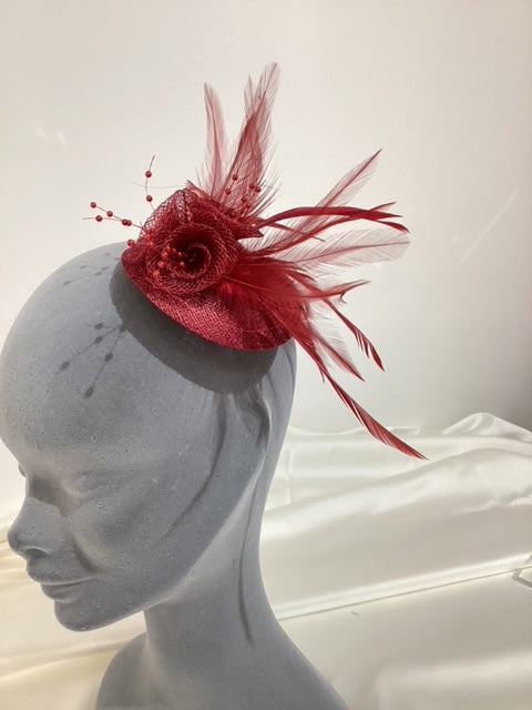 Small Fascinator With Burgundy Feathers