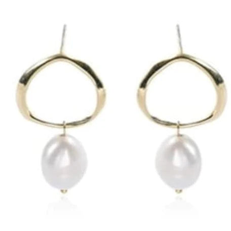 Azure Geometric Minimalist Freshwater Pearl Drop Gold Earrings