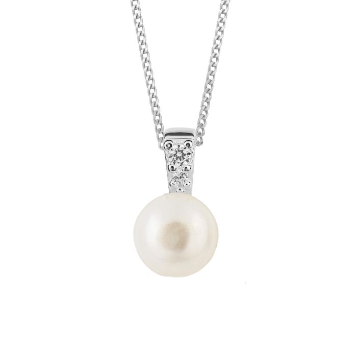 Sterling Silver Pearl Pendant with Pave Cubic Zirconia and Chain GKO