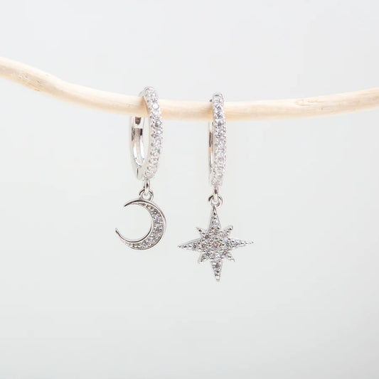 Azure Star and Moon Huggie Earrings in Silver