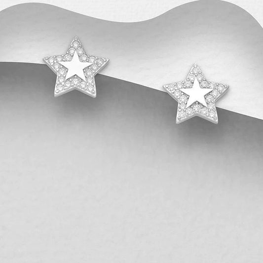 Azure Crystal and polished Silver Star Studs Earrings