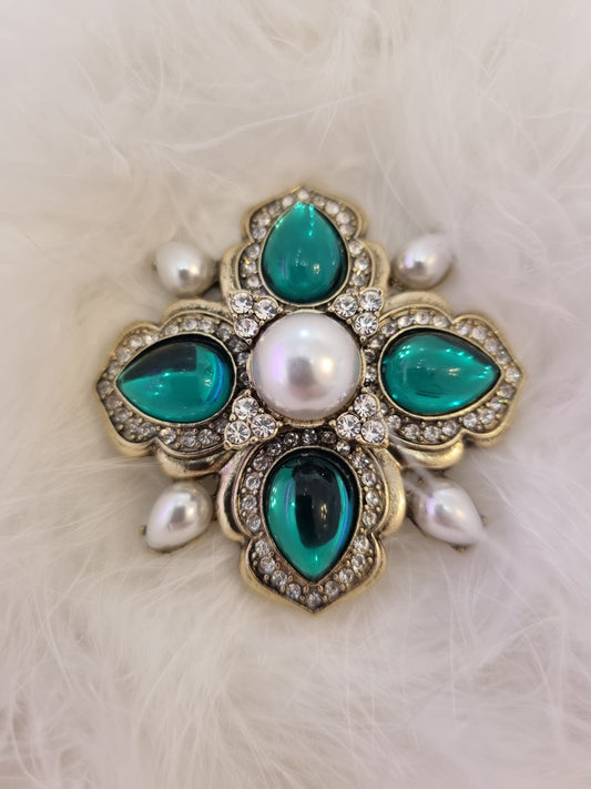 Azure Pearl and Green Crystal Brooch