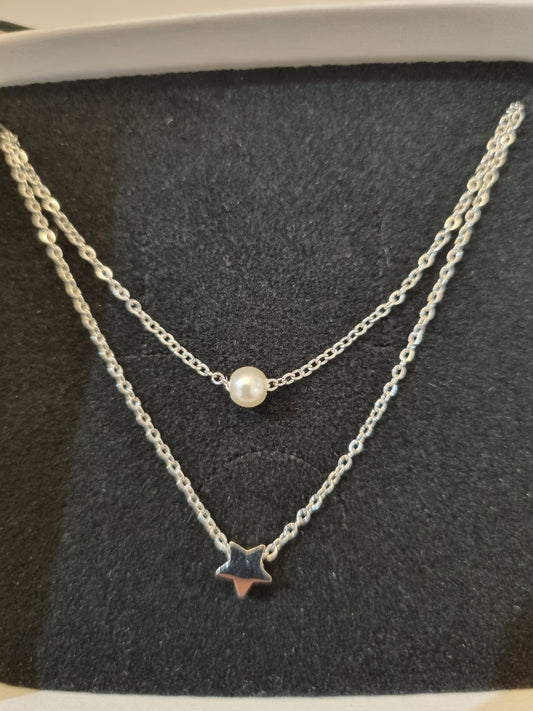 Azure Silver Star and Pearl Necklace