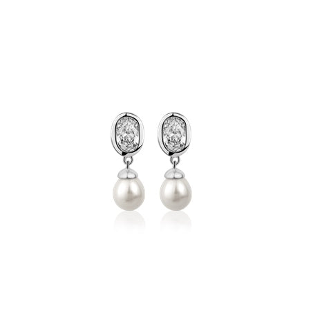 Newbridge Silverware Pearl Drop Earrings with Clear Stones